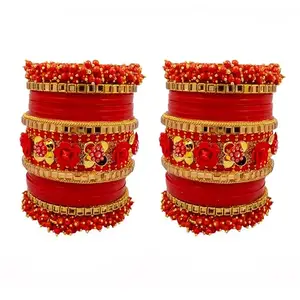 Red Bridal Rajasthani Bangle, Red Pearl Studded Punjabi Designer Chura for wedding (2_6)
