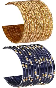 Somil Combo Of Designer Party & Wedding Colorful Glass Kada/Bangle Pcak Of 24, Golden,Blue