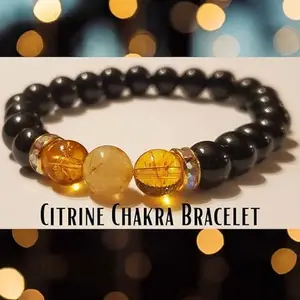RRJEWELZ 8mm Natural Gemstone Black Onyx & Citrine Round shape Smooth cut beads 7.5 inch stretchable bracelet for men & women. | STBR_RR_03539