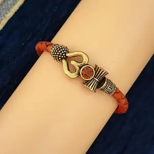 Shiv Jagdamba Om Trishul Damru Rudraksh Brown Leather dyed Rope Wrist Band Bracelet ShivBrRel01
