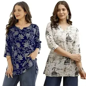 MS VHCK ENTERPRISE Women's Cotton Printed Short Kurti, Round Neck, Three Quarter Sleeve, Straight Fit, Pack of 2