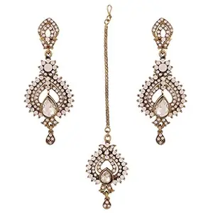 I Jewels Traditional Gold Plated Elegantly Handcrafted Earring Set with Maang Tikka using Austrian Diamonds for Women TE107W (White)