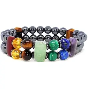 RRJEWELZ Unisex Bracelet 8-16mm Natural Gemstone 7 Chakra Stone & Matte Onyx Round & Oval shape Smooth cut beads 7 inch stretchable bracelet for men & women. | STBR_00085