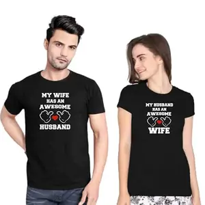 Touchme Fashions Couple Lovers Combo (Husband & Wife) Cotton You Has an Awesome Wife and Husband Printed Half Hand Round Neck Black T Shirts for Couple Men-L/40, Women-S/33 - Combo of 2