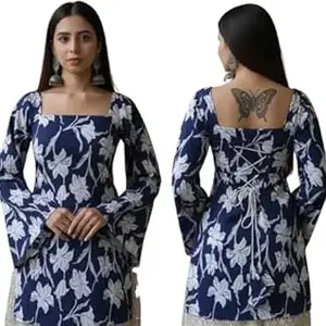 ALENJAN Rayon Floral Print Short Kurti for Women | Square Neck Long Sleeve Top for Women | Criss Cross Back Desing Kurti | Soft Breathable Fabric | Relaxed Fit | Casual and Office Wear