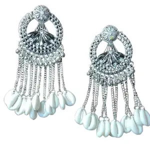 Total Fashion Boho Style Jewellery Afghani Artificial Shell Oxidised Silver Chandbali Dangler Earrings for Women Girls