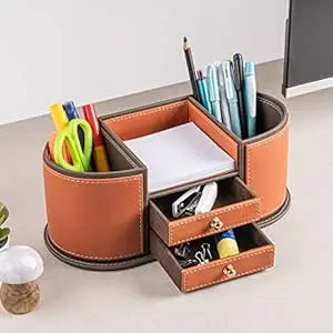 Spread Spain® Leatherite Multipurpose Desk Organiser, Office Supplies Desk Organizer and Accessories 3 Compartments and 2 Drawer, Desktop Organization for Home, Office, School - Orange/Dark Grey