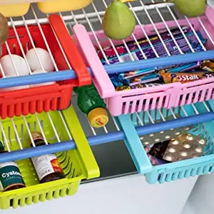 Nessie Expandable Adjustable Fridge Storage Plastic Basket Under Shelf Fridge Organizer Rack/Drawers - Unbreakable (Color May Be as per the Availability, 4 pieces)