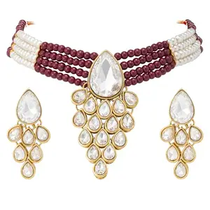 Peora Gold Plated Crystal Maroon Pearl Necklace Earring Traditional Jewellery Set for Women