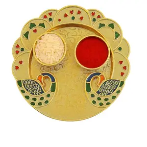 Shrlok Decorative Rakhi Thali Set with Kumkum, Rice, and Ornate Golden Peacock Design, Traditional Raksha Bandhan Gift