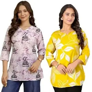 MS VHCK ENTERPRISE Women's Cotton Printed Short Kurti, Round Neck, Three Quarter Sleeve, Straight Fit, Pack of 2