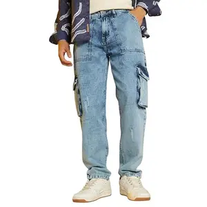 Campus Sutra Men's Indigo Blue Acid-Wash Carpenter Denim Jeans for Casual Wear | Mid-Rise | Straight Fit | Button Closure | Denim Jeans Crafted with Comfort Fit for Everyday Wear