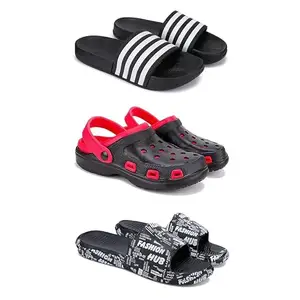 WINGSCRAFT Lightweight Classic Slider || Sandals with Clogs for Men-Combo(3)-3024-3017-3103-7 Black