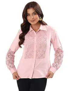 Schifley Women’s 100% Cotton Embroidered Shirt | Regular Fit | Long Sleeve | Button-Down Collar | Casual & Office Wear Shirt | Lace Panel Cotton Shirt