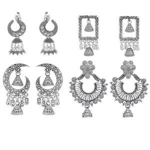 PRIVIU Oxidized-Silver Earrings For Women Combo Stylish Fashion Set of 4 Chanbali Earrings For Women Traditional Jhumka Earrings For Girls