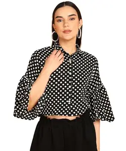 Masalli Fashion Women's Black & White Polka Dot Printed Shirt (X-Small, Black)