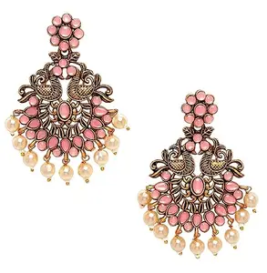 fabula Jewellery Pink Chandbali Drop Earrings-Kempu Stones in Peacock Design-For Women & Girls Stylish Latest (PK-ECK60_AF1)