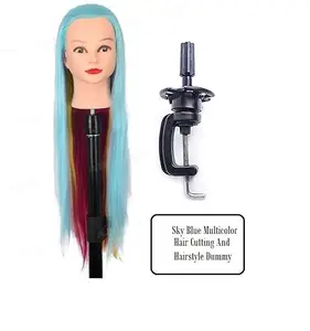 El Cabell hair Dummy Sky blue hair dummy Synthetic Hair Extensions Multicolored dummy and Wigs Saloon/Dummy/Training Head For Hair Styling/Practice/Cutting With Clamp Stand