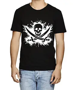 Caseria Men's Round Neck Cotton Half Sleeved T-Shirt with Printed Graphics - Pirates of Caribbean Flag (Black, L)
