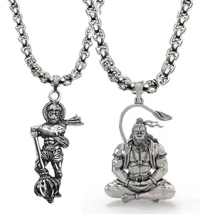 BEAUTIVIA Combo Of Hindu Religious God Lord Mahavir Mahabali Shri Bajrangbali Sankat Mochan Ram Bhakt Pavan Putara Sitting Meditation Yoga Hanuman Ji Locket Pendant Necklace With Box Chain