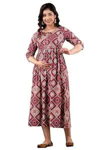 BLACKSPACE Women's Pure Cotton All Over Printed Kurti Gown Feeding Dress Maternity Gown Feeding Nighty (XX-Large, Red)