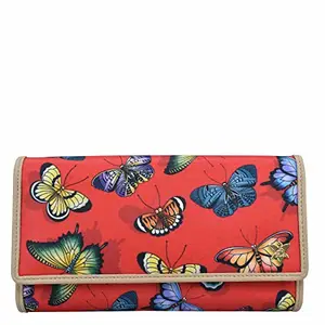 Anuschka Three Fold RFID Blocking Wallet - Wanderlust Collection - Nylon Fabric with Genuine Leather Trim and Artwork Print - Butterfly Heaven Ruby