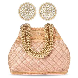 Peora Combo of Kundan Pearl Round Earrings & Peach Potli Purse for Women Girls|Jewelry for Wedding Party Evening|Bridal Ethnic Handbags