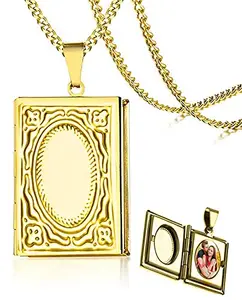 Via Mazzini No-Tarnish No-Fading Stainless Steel Gold Plated Book Style Photo Locket Pendant for Men and Women (NK0864) 1 Pc