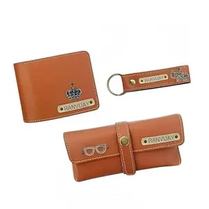 Savri Personalized Men's Leather Wallet, Eyewear and Key-Chain Combo with Charm Classy Travellers' Combo (Tan)