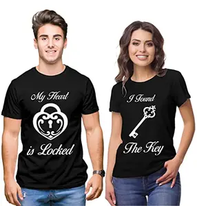 Hangout Hub HH119 Couples Tshirt for Couple | Lock and Key (Black;Men L,Women XXL) Printed T-Shirts for Men & Women | (Set of 2 Cotton)