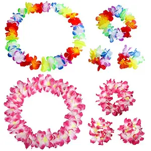 YAXAMING Hawaiian Leis Luau Tropical Headband Flower Crown Wreath Headpiece Wristbands Women Thicker Necklace Bracelets Hair Band For Summer Beach Vacation Pool Party Decorations Favors Supplies Set Rose