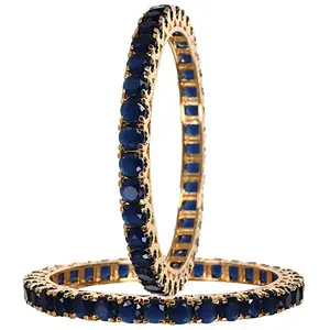 Ratnavali Jewels American Diamond Studded Gold Plated Traditional Blue Sapphire Round 6mm CZ/Diamond Bangles for Women/Girls RV1942