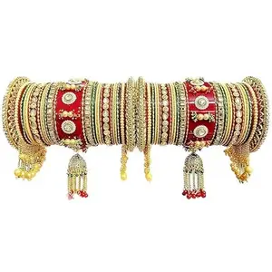 R j Enterprises Bridal Wedding Chuda for Women's | Traditional Rajasthani Chooda Set | Fancy Hanging Bangles (Size-2.4,Red)