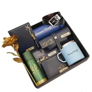 Tanvi Crafts Name Customized Mens Gift Hamper Set with Coffee Mug, Water Bottle, Passport Cover, Pen, Mens Wallet, Sunglasses Cover, Keychain, Mens Deodorant, Golden Rose and Mens Belt