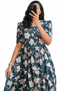 Rayon Printed Kurta for Women, Short Sleeve Flared Dress, Casual Wear