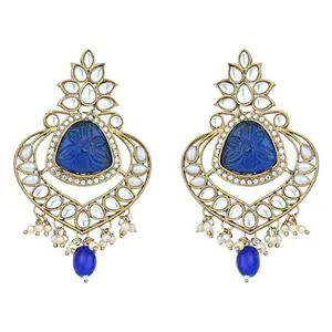 I Jewels Gold Plated Traditional Kundan Pearl Chandbali Earrings For Women And Girls (E3150) (Blue)