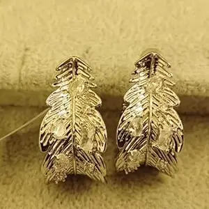 Silver- Plated Feather Leaf Drop Earrings, Vintage Style, Crystal Accents