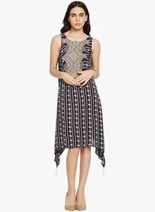 oxolloxo Abstart Printed Sleeveless Tassel Dress Navy