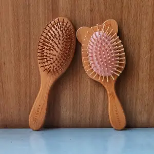 Prakiriti Hair Brush Set, Bamboo Handle, 2 Pieces, Pink Kitty and Oval Design