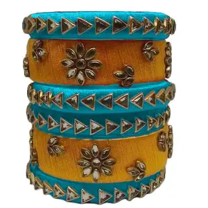 pratthipati's Silk Thread Bangles Ladies Trendy Designer Bangle Set Color (Sky Blue-Yellow) (Set of 6) (Size-2/6)
