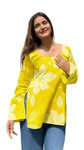 ALENJAN Rayon Floral Print Short Kurti for Women | Square Neck Long Sleeve Top for Women | Soft Breathable Fabric | Relaxed Fit | Casual and Office Wear