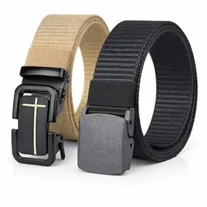 Men's Tactical Nylon Belt with Metal Buckle, Adjustable, Khaki and Black, 2 Pack