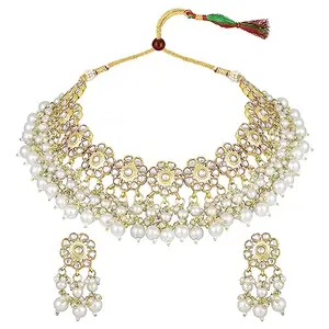 Peora Gold Plated White Kundan & Beads Studded Ethnic Choker Necklace Dangle Earrings Set Traditional Fancy Jewellery Gift for Women & Girls