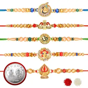 De Marquis Designer Rakhi (Pack of 5) | 1 laxmi-Ganesh Coin | Roli-Chawal Pack With Greeting Card | Happy Rakshabandhan | Send Rakhi for Brother/Bhai/Bhaiya/Bhabhi/Kids | Rakhi Gift