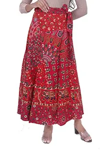 Women's Pure Cotton Jaipuri Print Pure Cotton Skirt (Free Size) Red