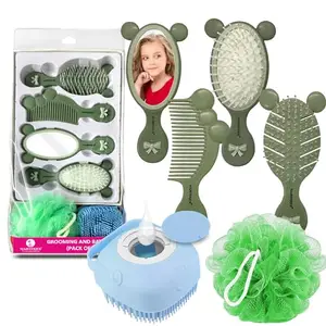 MAJESTIQUE Essential Baby Grooming Kit and Healthcare Set- Hair Brush, Comb, Face Mirror, Soft Loofah with Silicon Bathing Shampoo Dispenser, Suitable for Kids, Infants & Toddlers - Pack of 6