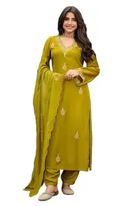 Klosia Women Embroidery Solid Straight Kurta and Pant Set with Dupatta