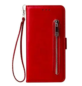 TELETEL Zipper Series Flip Mobile Cover Pu Leather | Card & Cash Pockets | Magnetic Loop | Front Zip Lock Wallet Case (Red) for Redmi Note 8