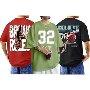 ENCIGER Men's Oversized Cotton T-Shirt Pack | Drop Shoulder Graphic Printed Casual Streetwear Combo | Baggy Hip-Hop Tshirts