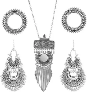 WORLD WIDE VILLA Oxidised Silver Earring & Necklace Set For Women Pack of 1 Silver || WWV_Necklace Set49